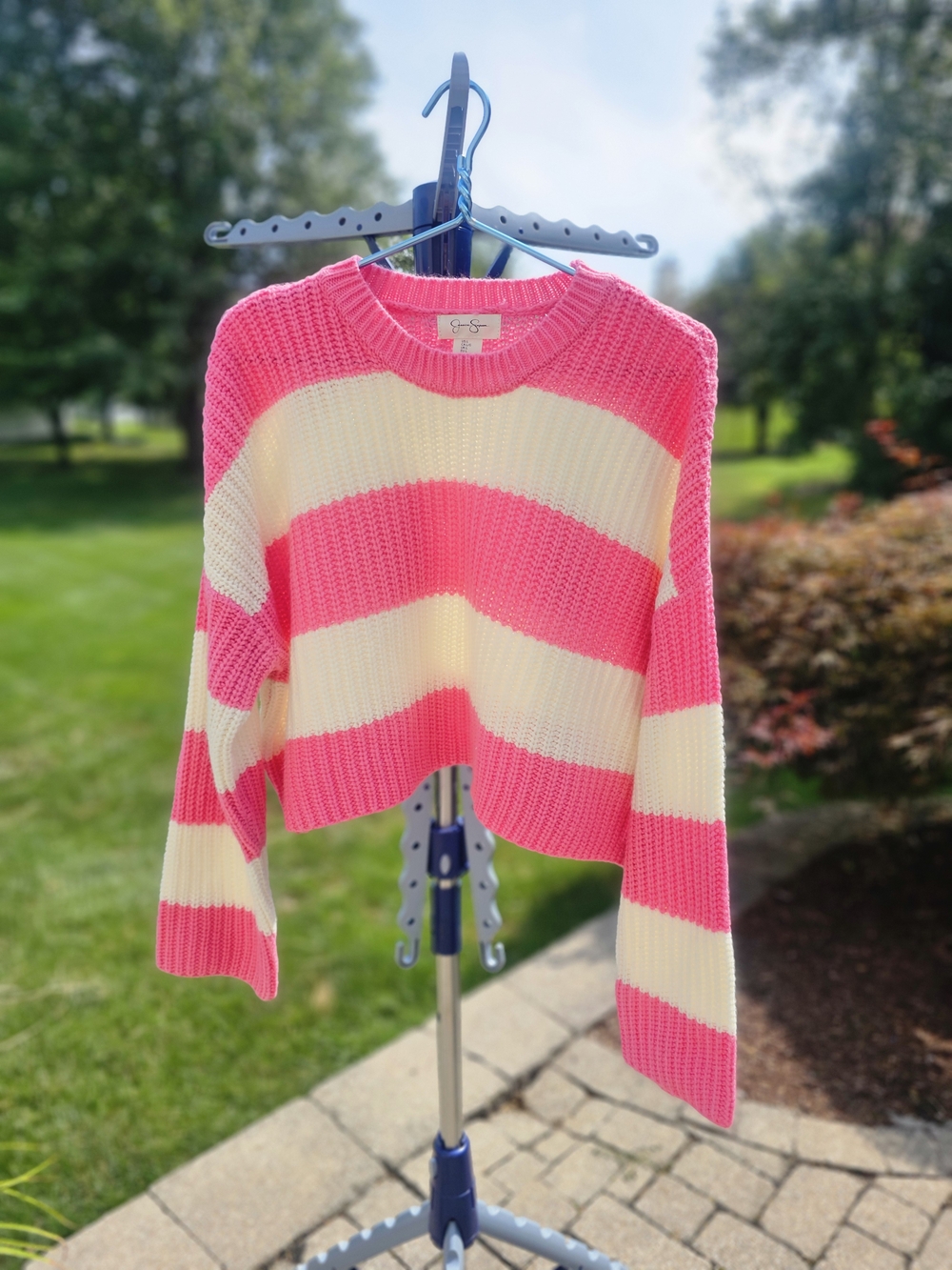 Jessica Simpson - Hot Pink & Cream Striped Cropped Crewneck Sweater